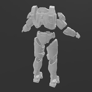 May include: A white plastic model of a futuristic suit of armor, disassembled into separate pieces. The armor is designed with a variety of panels and details, including a helmet, chest plate, shoulder pads, and leg pieces.