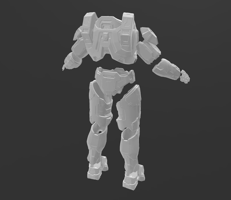 May include: A white plastic model of a futuristic suit of armor, disassembled into separate pieces. The armor is designed with a variety of panels and details, including a helmet, chest plate, shoulder pads, and leg pieces.