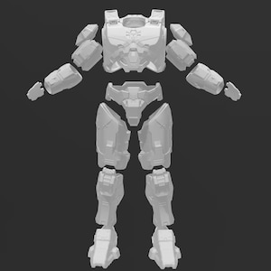 May include: A white plastic model of a futuristic suit of armor, disassembled into individual pieces. The armor is made up of a helmet, chest plate, shoulder pads, arms, legs, and feet.