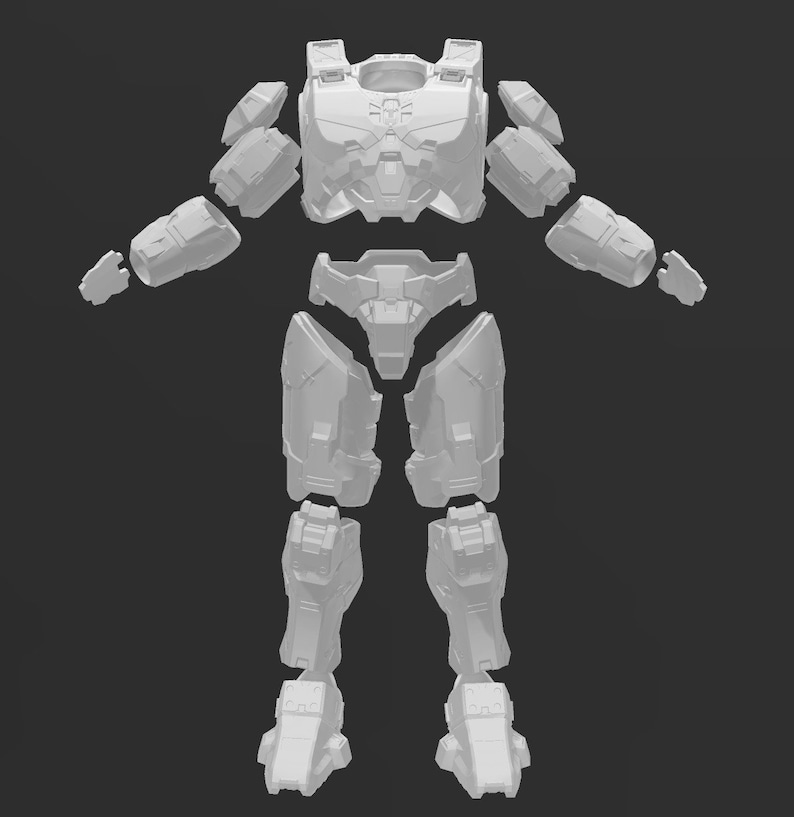 May include: A white plastic model of a futuristic suit of armor, disassembled into individual pieces. The armor is made up of a helmet, chest plate, shoulder pads, arms, legs, and feet.