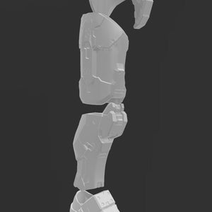 May include: A white 3D printed model of a robotic leg, separated into four pieces: the foot, lower leg, knee, and upper leg.