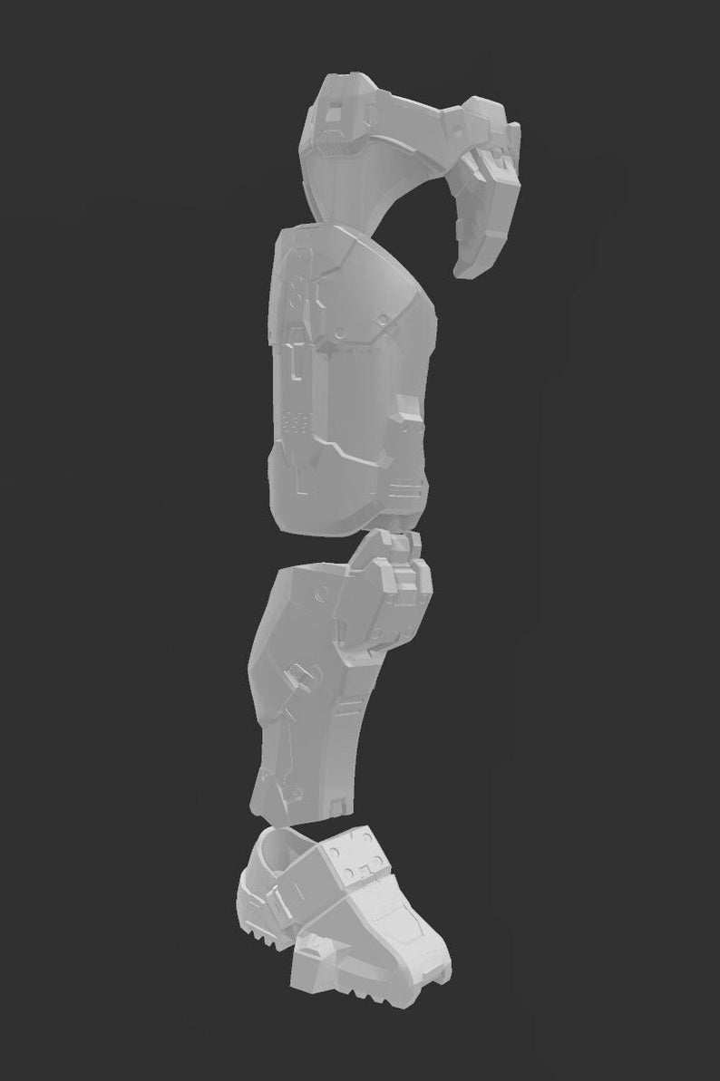 May include: A white 3D printed model of a robotic leg, separated into four pieces: the foot, lower leg, knee, and upper leg.
