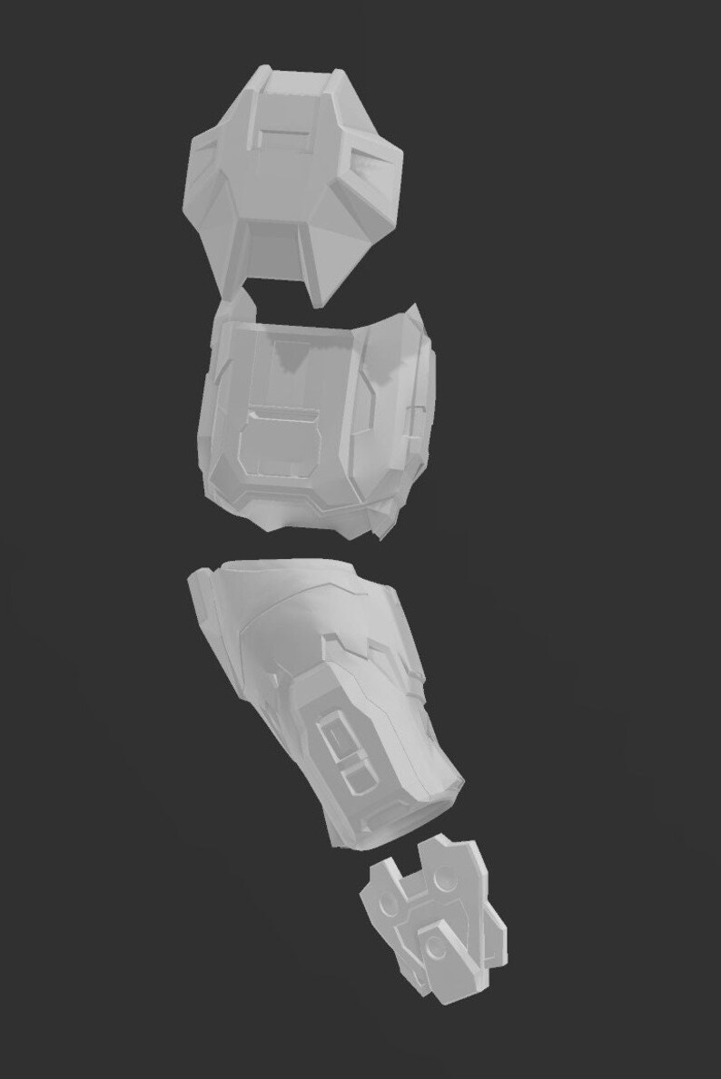 May include: A white plastic model of a robotic arm, separated into five pieces. The pieces are designed to be assembled together to create a complete arm.