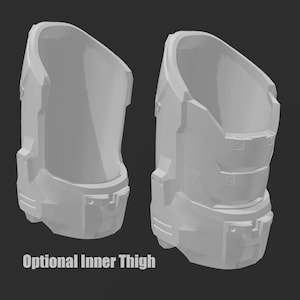May include: A pair of 3D printed, gray, plastic, thigh armor pieces. The armor is designed to be worn on the inner thigh and has a futuristic, sci-fi aesthetic.