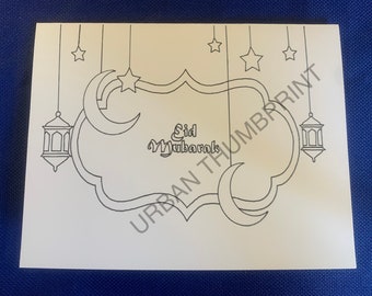 Eid Mubarak Colorable Greeting Card with Printable Envelope Template