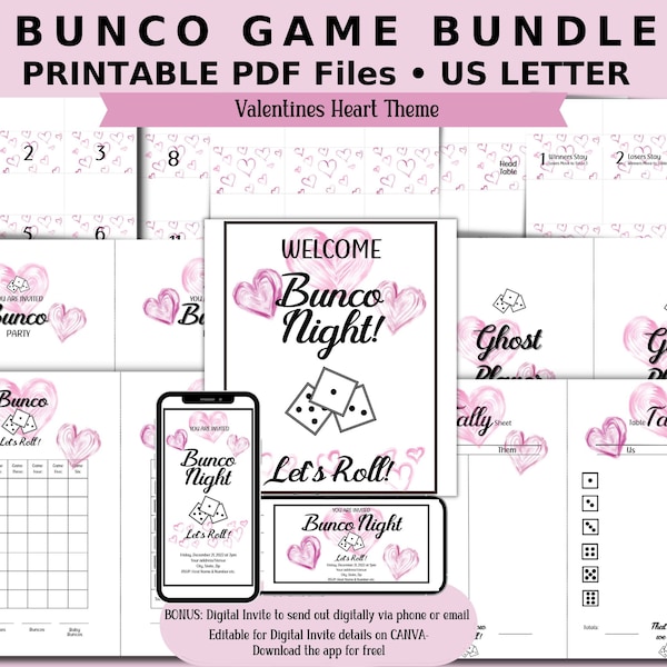 Bunco Game Printable PDF Bundle, Valentines Heart Theme, Bunco Hearts Score Cards, Tally Sheets and Tents, Digital Invite
