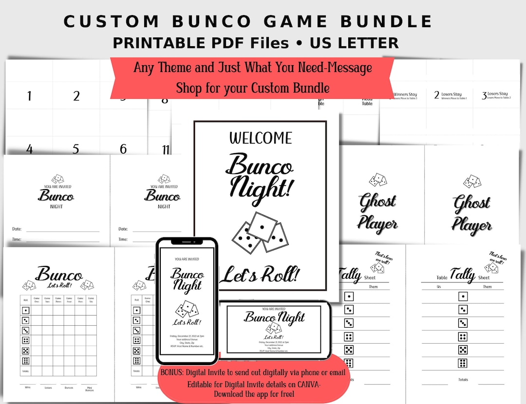 Custom Bunco Game PDF Printable Bundle, Bunco Pick A Theme, Bunco Score ...