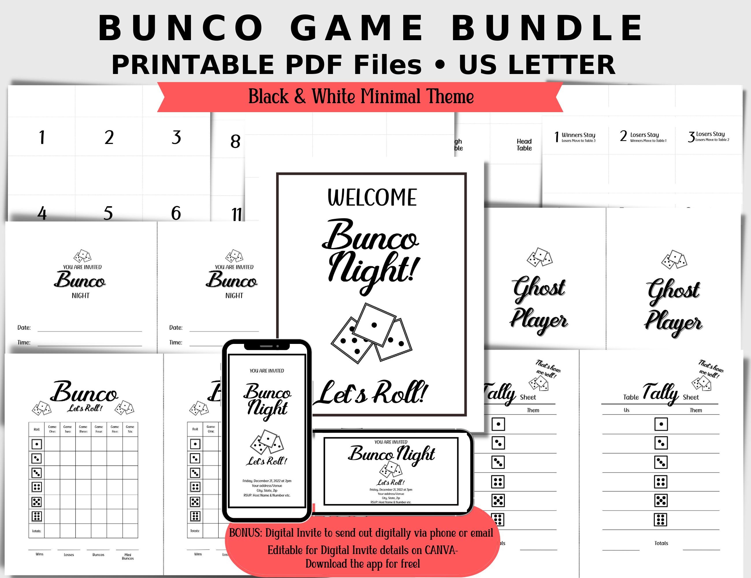 Bunco Game PDF Printable Bundle, Bunco Black and White Minimalist Theme ...