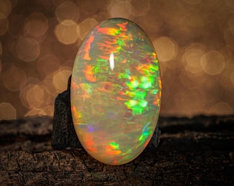 May include: An oval-shaped opal gemstone with a vibrant display of colors, including green, orange, and yellow. The opal is set against a dark, textured background, highlighting its iridescent qualities. The gemstone is a focal point, showcasing its natural beauty.