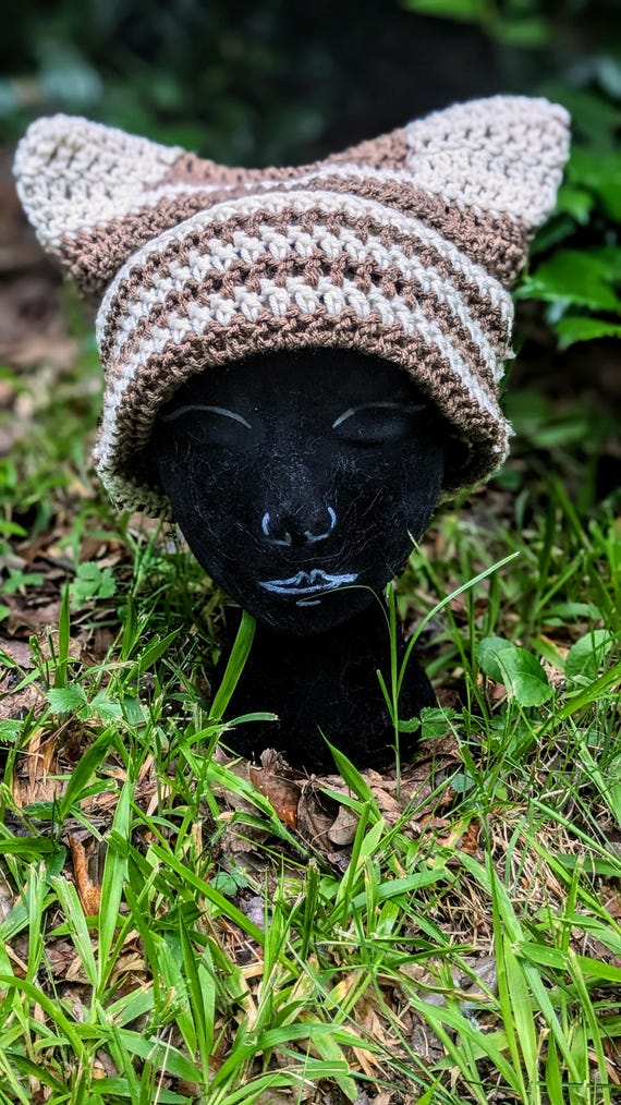 Cat Ear Beanie Crochet Hat Brown Green Stripe Handmade Knit Kitty Soft Winter Handmade Crochet Cat Ears Beanie, Earthy Tones Aesthetic  main image 4