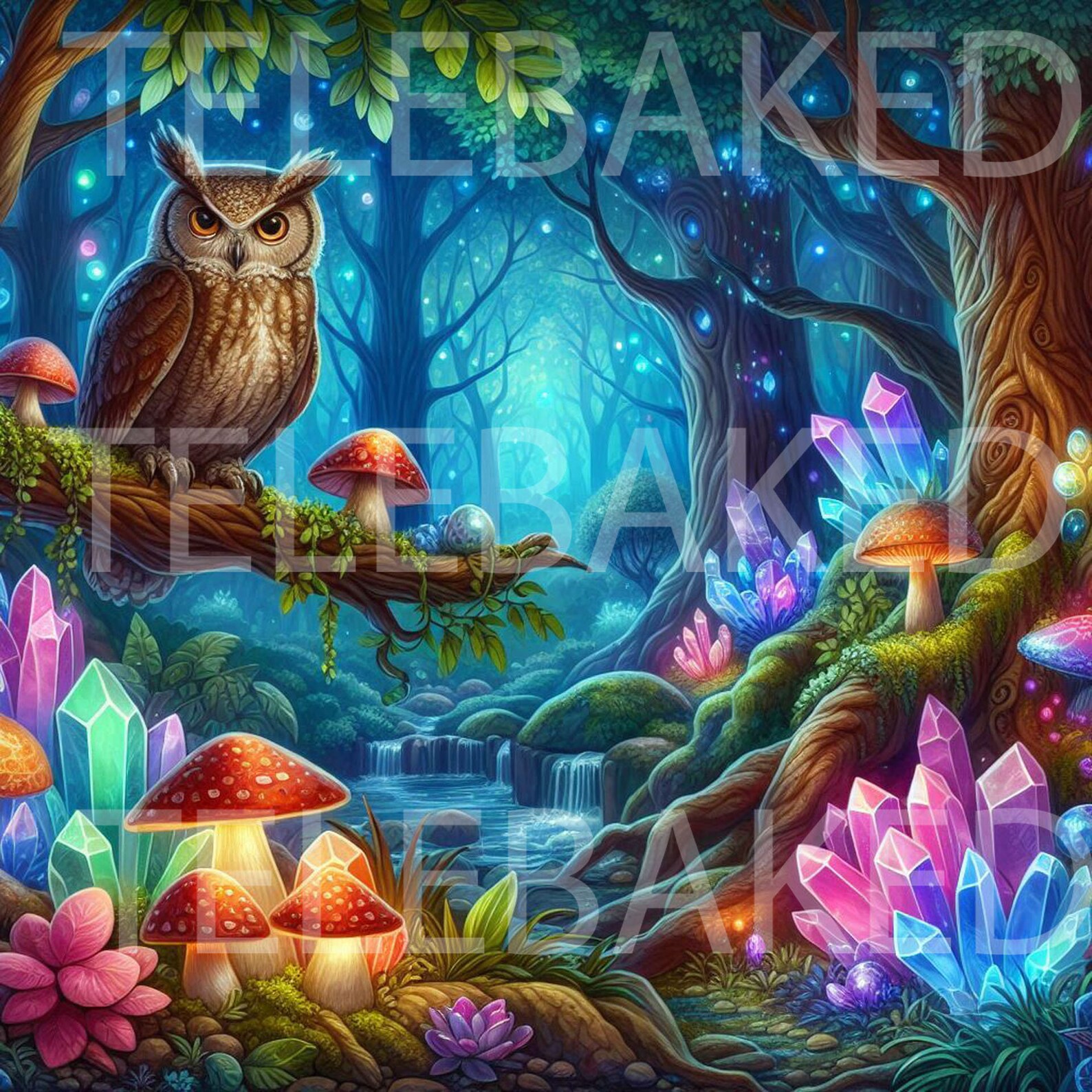 Printable Digital Art / Printable Wall Art / Owl Crystal Mushroom