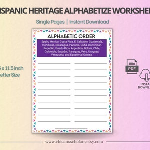 Hispanic Heritage Month-werkbladen | Latino-geschiedenis alfabetiseren | Leuk afdrukbaar spel | Spaanse geschiedenisactiviteit | Kinder- en familiespellen