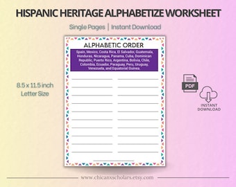 Hispanic Heritage Month Worksheets | Latino History Alphabetize | Fun Printable Game | Hispanic History Activity | Kids and Family Games