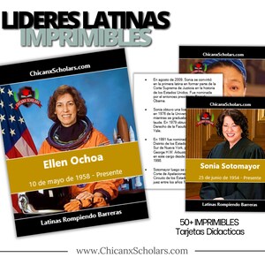 May include: Two printable cards featuring Latina leaders, Ellen Ochoa and Sonia Sotomayor. The cards are in Spanish and feature photos of the women, their names, and their birth dates. The cards are part of a set of 50+ printable educational cards.