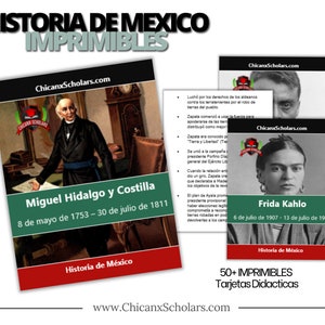 Peut inclure: Un ensemble de cartes éducatives imprimables mettant en scène des personnages historiques de l'histoire mexicaine. Les cartes présentent des images de Miguel Hidalgo y Costilla et de Frida Kahlo, ainsi que leurs noms et dates de naissance et de décès. Le texte "Historia de Mexico" apparaît sur chaque carte. Les cartes font partie d'un ensemble plus large de plus de 50 cartes imprimables.