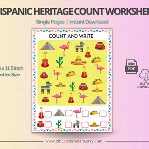 May include: A printable Hispanic Heritage Count and Write worksheet featuring a yellow background with various colorful images of Mexican cultural icons, including a guitar, sombrero, cactus, piñata, and tacos. The worksheet includes a section for counting and writing the number of each item.