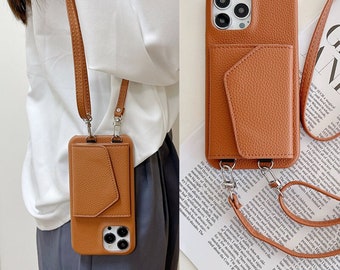 Crossbody iPhone Leather Case with Strap, Detachable and Adjustable Lanyard for iPhone 15 14 13 12 11 Pro Max, Card Holders iPhone Cover