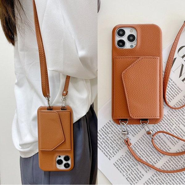 Crossbody iPhone Leather Case with Strap, Detachable and Adjustable Lanyard for iPhone 15 14 13 12 11 Pro Max, Card Holders iPhone Cover