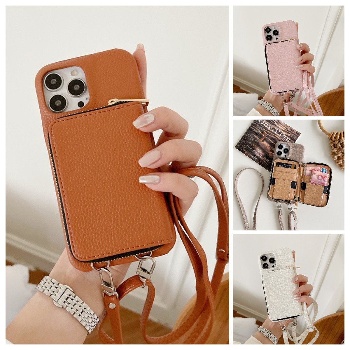 Leather Crossbody Bag for iPhone 12 / 13 / 14 / 15 Pro Max Shoulder Phone  Wallet / Handmade Bag / Travel Zip Wallet / Shoulder Strap Purse 