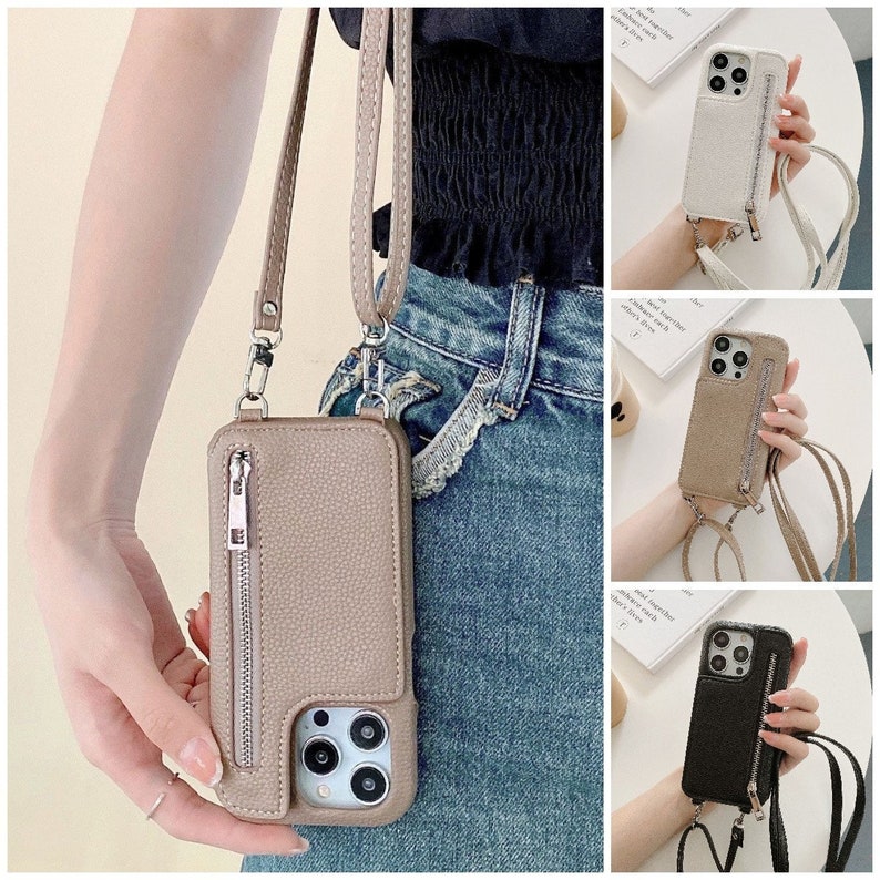 Crossbody iPhone Case With Leather Strap, Mirror, Zippered Bag, Adjustable Lanyard for iPhone 15