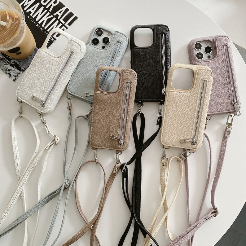 Crossbody iPhone Case With Leather Strap, Mirror, Zippered Bag, Adjustable Lanyard for iPhone 15