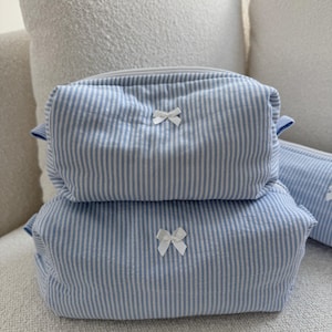 Blue Seersucker Makeup Pouch - Makeup Bag - Cosmetic Bag - Blue Makeup Bag - Travel Bag - Hair Tools Pouch