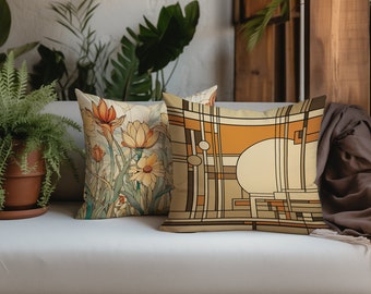 Art Nouveau Flowers & Frank Lloyd Wright Panel Double-Sided Pillow - Faux Suede Square Pillow