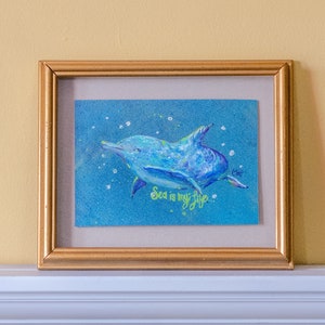 Framed Hand Painted Dolphin Painting - Acrylic on Paper in 9x11.5 Gold Wood Frame