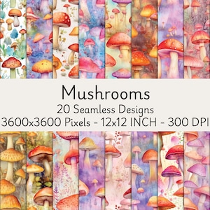 Whimsical Mushroom Seamless Patterns: Colorful Watercolor Designs (Digital Download)