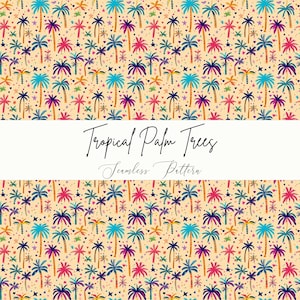 Tropical Palm Tree Pattern PNG, Bright Summer Seamless Digital Design for Fabric, Kids Room Decor, Beach Party Supplies, Scrapbook Papers