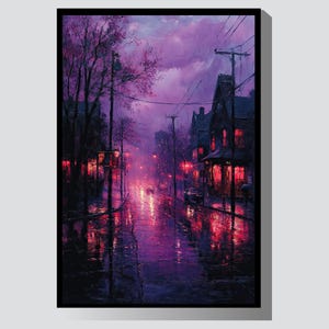Impressionist Rainy Night Street Digital Wall Art Printable, Atmospheric Urban Cityscape for Cozy Modern Home Decor (300 DPI PNG)