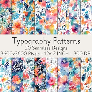 Papéis Digitais Sem Costura Tipografia | Padrões de Letras e Textos | Fundos Modernos Imprimíveis para Scrapbooking | Uso Comercial, Imprimível