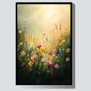 Vibrant Wildflower Meadow Digital Wall Art Printable, Pastel Landscape Painting for Bright Nature-Inspired Home Decor (300 DPI PNG)