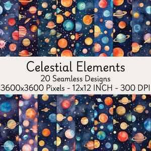 Celestial Elements Seamless Digital Papers | Moon & Star Patterns | Printable Cosmic Backgrounds for Scrapbooking| Commercial Use, Printable
