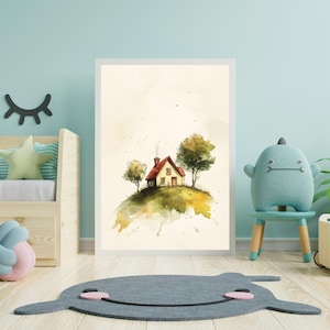 Cottagecore Wall Art – Tiny House on a Hill Watercolor Print, Cozy Country Home Decor, Storybook Landscape Poster, Digital Download
