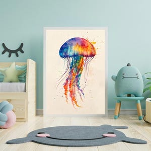 Nursery wall art jellyfish watercolor print | Colorful digital download ocean animal art for kids room, sea creature baby room decor