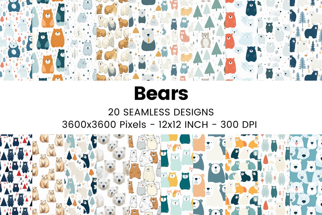 Bear Illustration Digital Papers, Seamless Patterns, Commercial Use ...