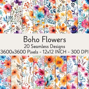 Papel digital floral bohemio: Flores bohemias sin costuras (descarga digital)