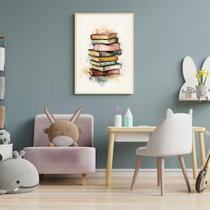 Nursery Wall Art Vintage Book Stack Watercolor Print for Kids Room | Educational Reading Nook Poster | Retro Library Decor  Digital Download