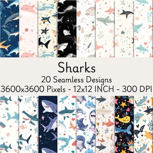 Shark Seamless Digital Patterns | 20 High-Resolution Marine Designs for Scrapbooking, Sublimation, and DIY Craft Projects