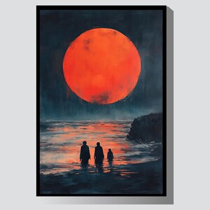 Ethereal Sunset Walk Digitale Wand Kunst zum ausdrucken, minimalistische Ozean Landschaft mit roter Sonne für ruhiges, modernes Wohndekor (300 DPI PNG)