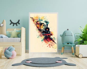 Nursery Wall Art – Colorful Steam Train Watercolor Printable | Vintage Train Kids Room Decor | Transportation Art Download
