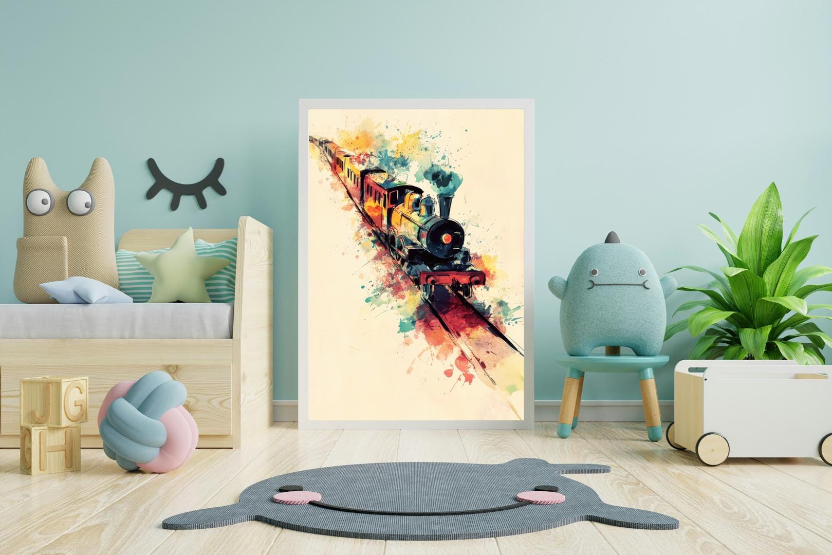 Steam Train Nursery Art: Colorful Watercolor Print (Digital Download)
