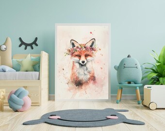 Nursery wall art fox with flower crown print | Watercolor woodland animal poster | Digital download | Rustic nursery or kids&#39; room decor