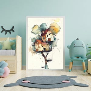 Nursery Wall Art – Treehouse Watercolor Print for Kids Room | Whimsical Nature Poster | Playful Forest House Decor | Digital Download Art
