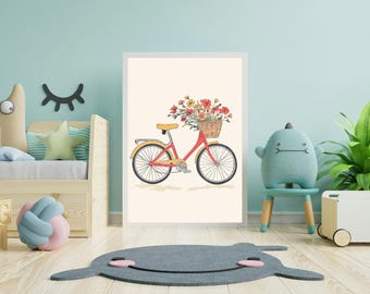Nursery Wall Art – Vintage Bike with Basket of Flowers Print, Spring Room Decor, Boho Gallery Poster, Digital Download Artwork