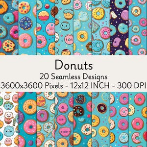 Cute Kawaii donut SEAMLESS Patterns - Cute Kawaii Food Digital Paper - 20 Designs - 12x12in - Commercial Use - Cute Kawaii Food Sublimation