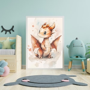 Baby Dragon Wall Art – Cute Fantasy Nursery Print, Watercolor Dragon Poster for Kids Room, Magical Creature Decor, Digital Download