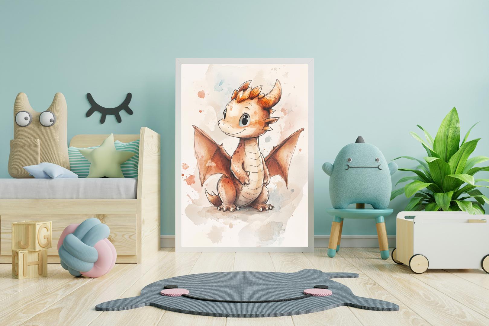 Baby Dragon Wall Art – Cute Fantasy Nursery Print, Watercolor Dragon Poster for Kids Room, Magical Creature Decor, Digital Download