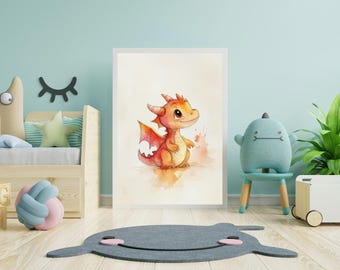 Cute Baby Dragon Watercolor Print – Whimsical Nursery Wall Art | Playful Fantasy Creature Digital Download for Kids Room Decor